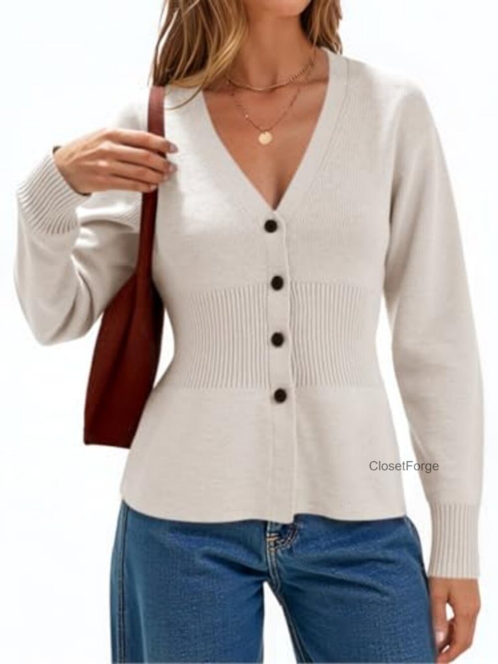 Women's Cinched Waist V Neck Knit Cardigan Long Sleeve Button Up Dressy Casual